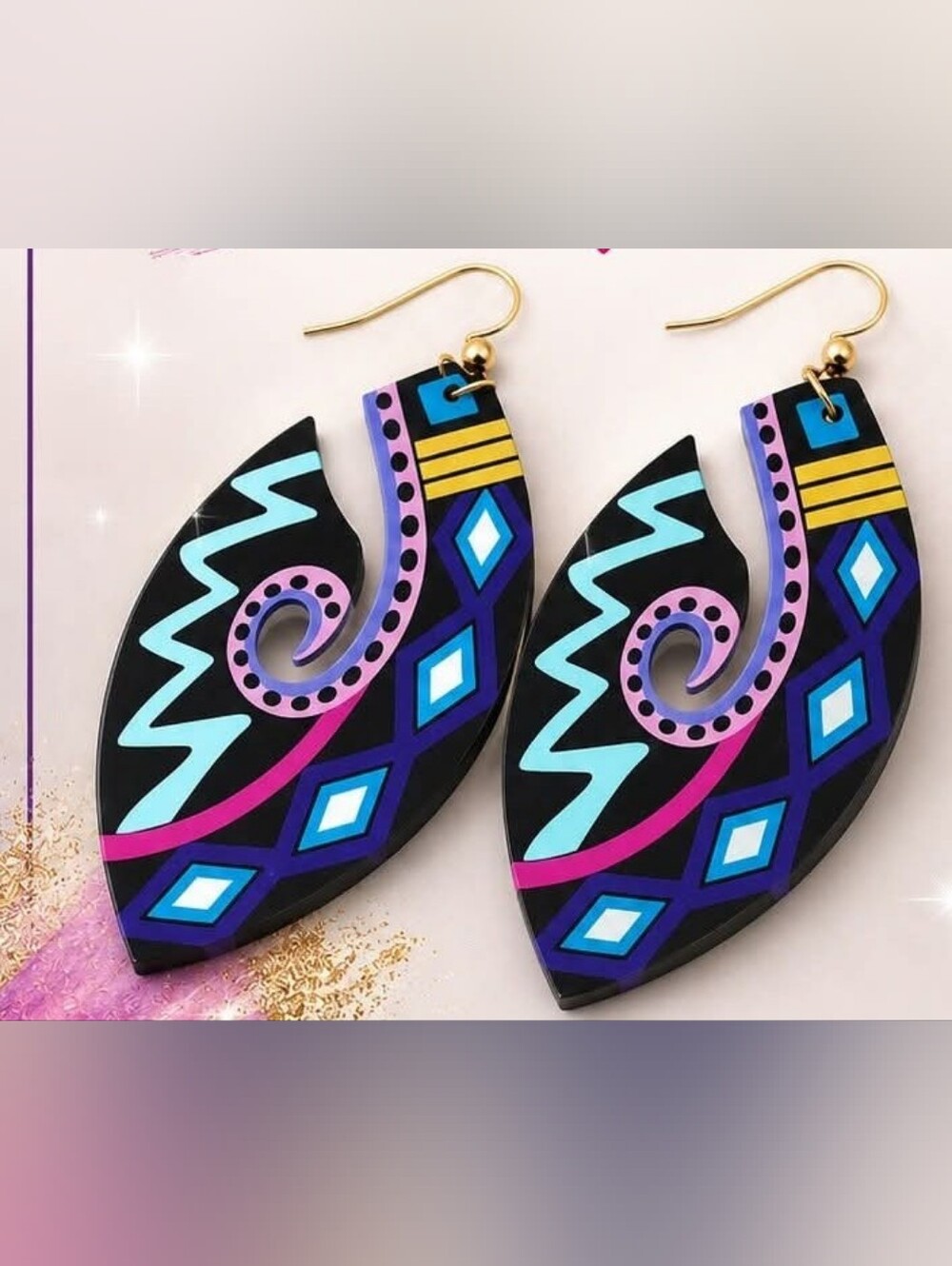 Bold Colorful Tribal Style Graphic Drop Earrings Multicolor New Bright Statement